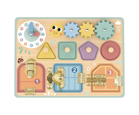 Placă de activități din lemn Tooky Toy cu ceas, roți zimțate, forme de potrivit și uși cu animale. 