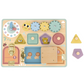 Placă de activități din lemn Tooky Toy cu ceas, roți zimțate, forme de potrivit și uși cu animale. 
