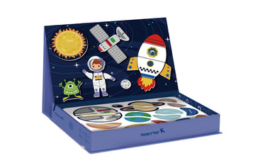 Puzzle magnetic spațiu copii deschis cu planete și astronauți