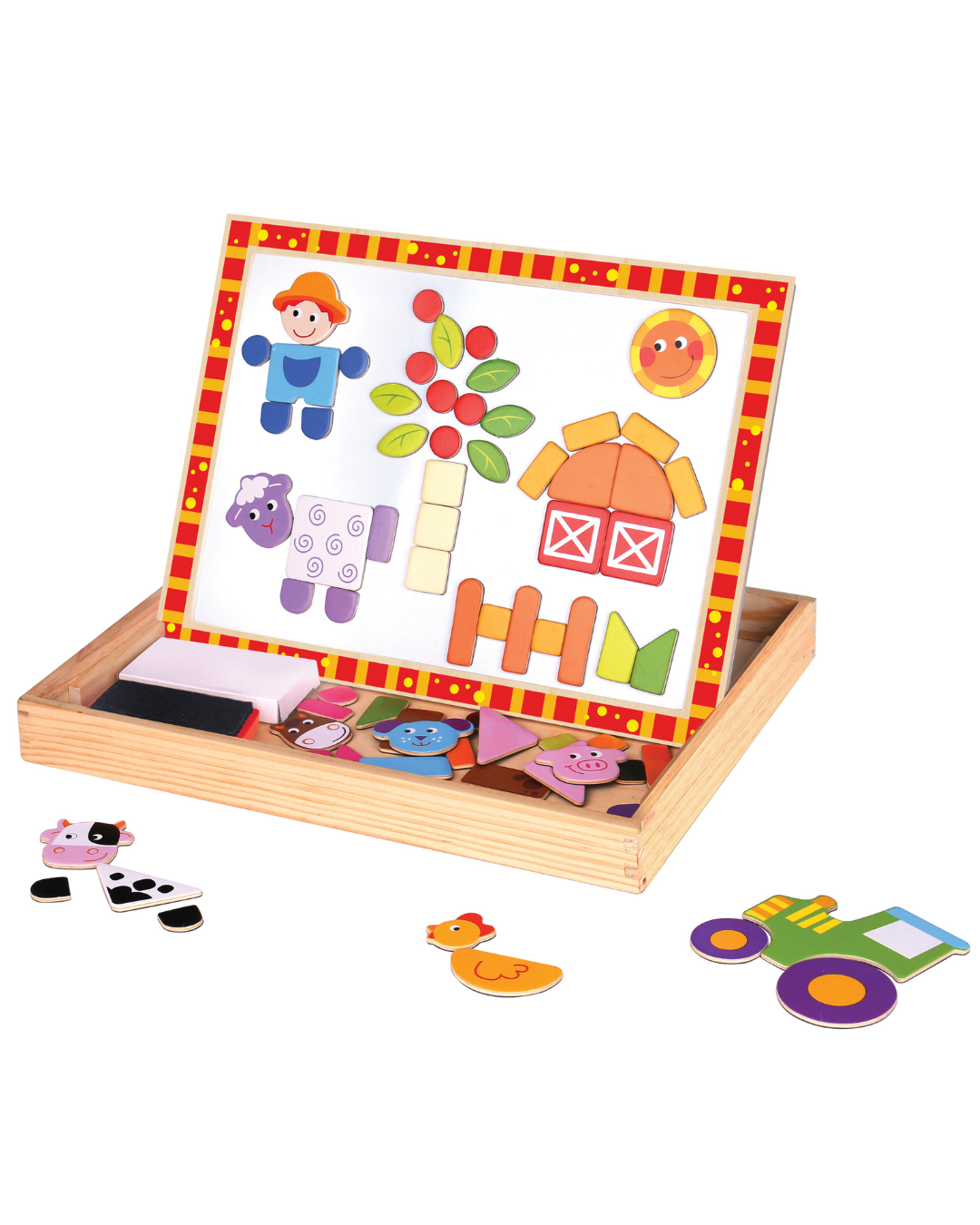 Jucărie puzzle magnetică tip carte cu temă fermă și tablă de desen. 