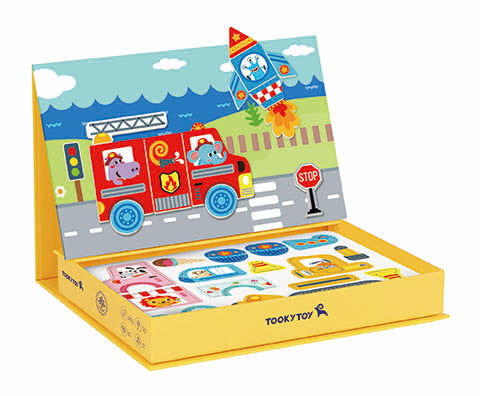 Cutie magnetică Tooky Toy cu vehicule, personaje și scenă de oraș. Joc creativ pentru copii 