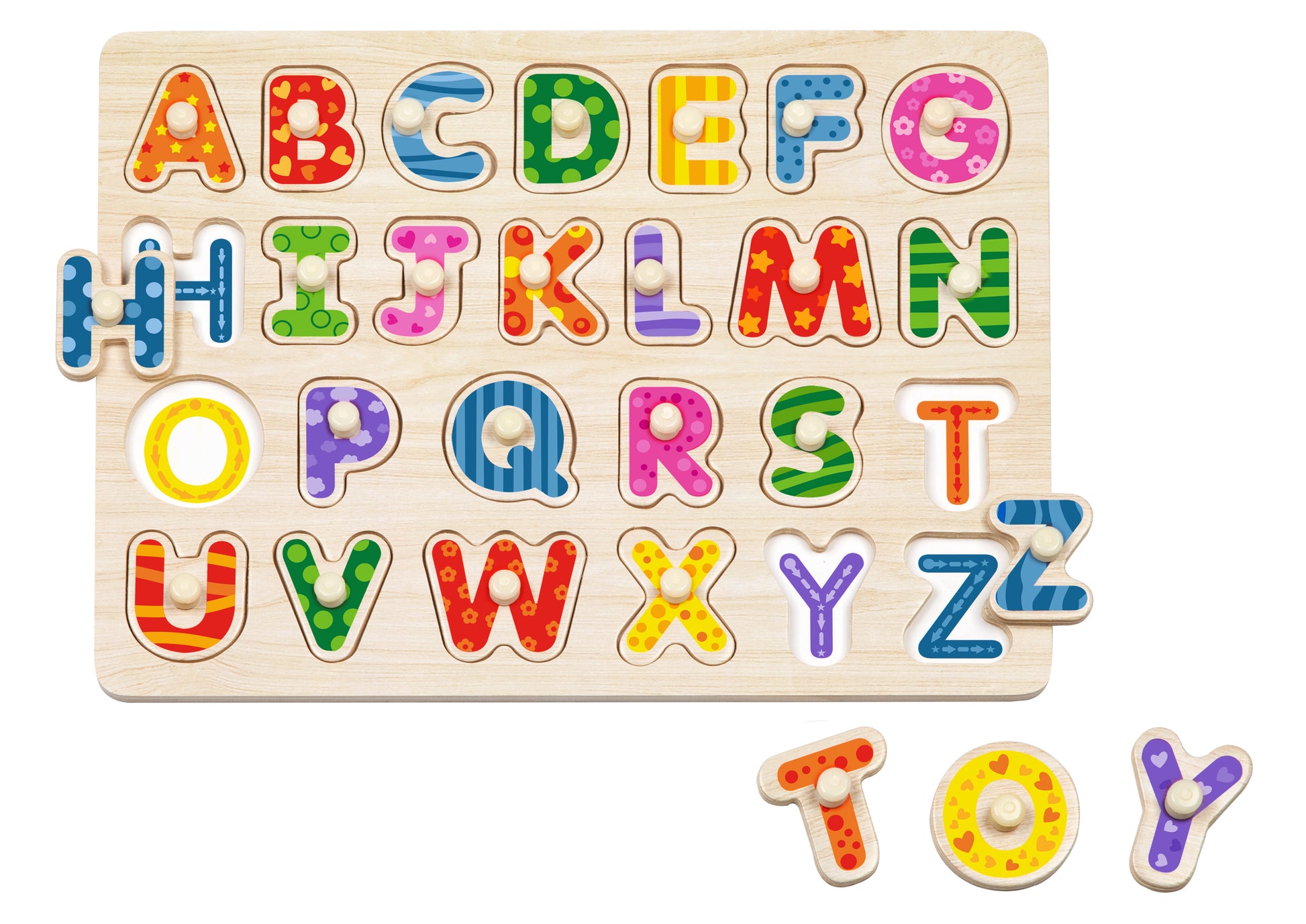 Puzzle încăstru din lemn cu alfabet, pentru copii de 3 ani+. Piese colorate și groase.