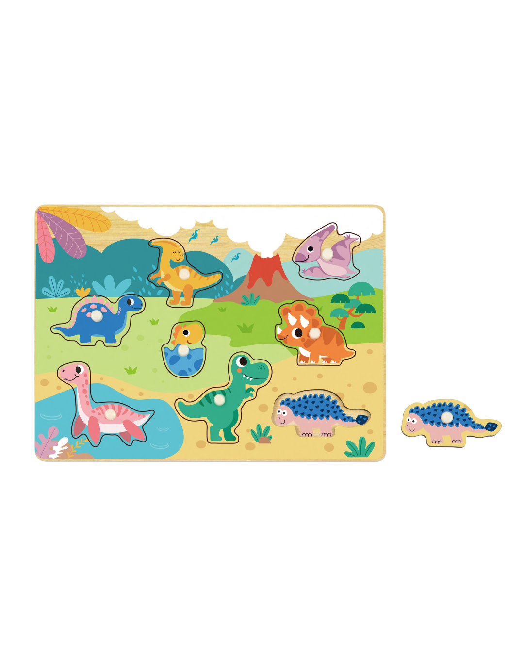 Puzzle încastru din lemn cu dinozauri pentru copii – jucărie educativă