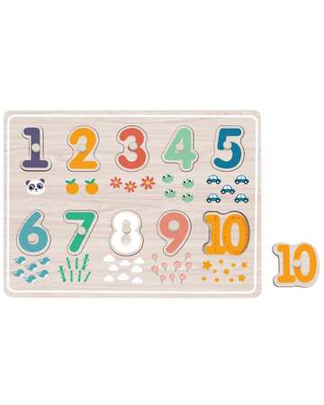 Puzzle încăstru din lemn cu numere de la 0 la 9, ideal pentru copii de 12 luni+, Piese groase și colorate
