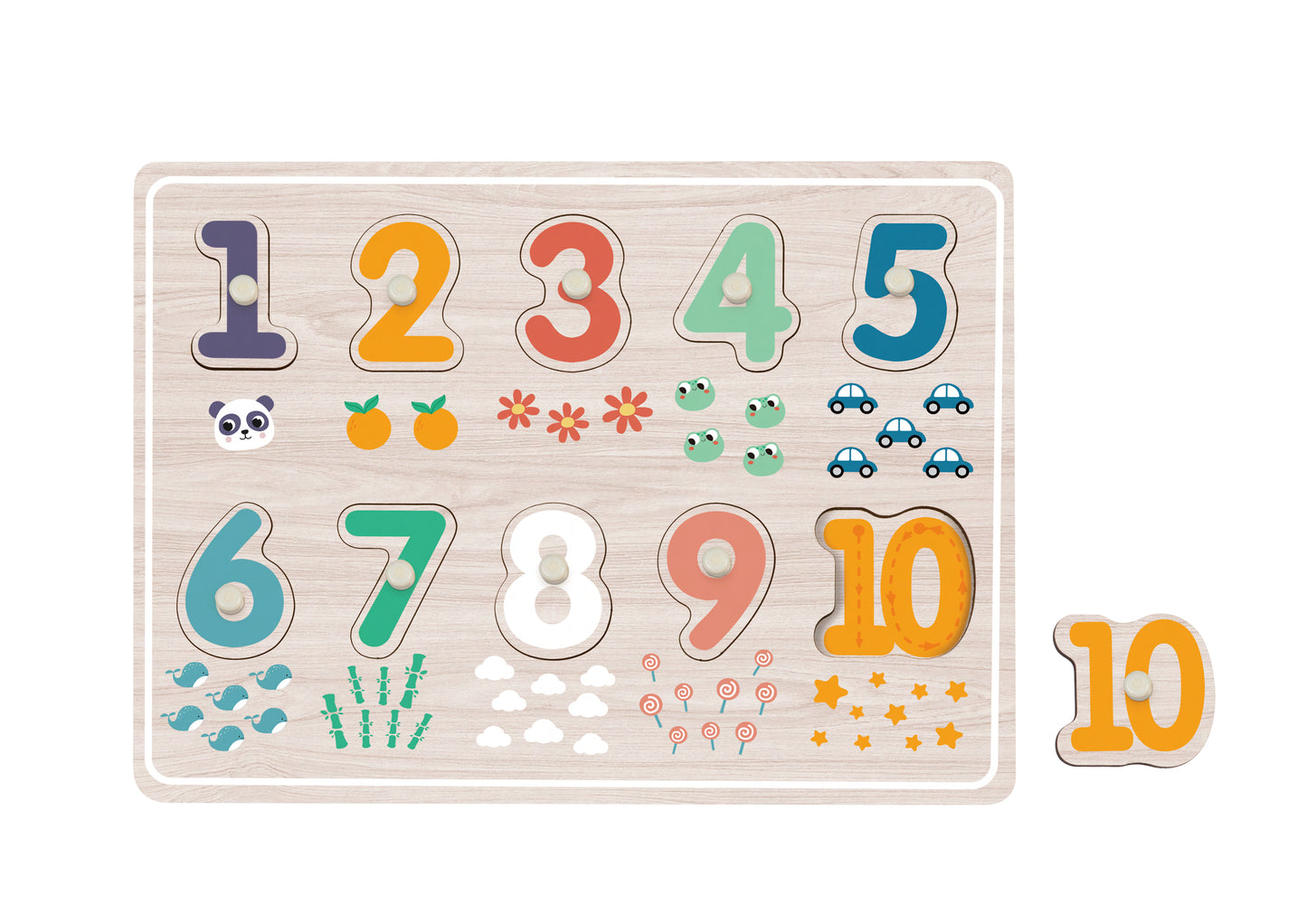 Puzzle încăstru din lemn cu numere de la 0 la 9, ideal pentru copii de 12 luni+, Piese groase și colorate