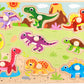 Puzzle din lemn cu dinozauri colorați, perfect pentru copiii mici. Piese groase, sigure și educative