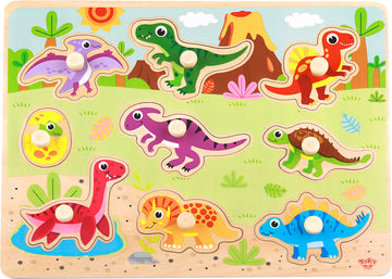 Puzzle din lemn cu dinozauri colorați, perfect pentru copiii mici. Piese groase, sigure și educative