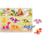 Puzzle din lemn cu dinozauri colorați, perfect pentru copiii mici. Piese groase, sigure și educative