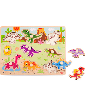Puzzle din lemn cu dinozauri colorați, perfect pentru copiii mici. Piese groase, sigure și educative