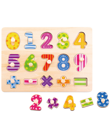 Puzzle din lemn cu numere 0–9 și semne matematice 
