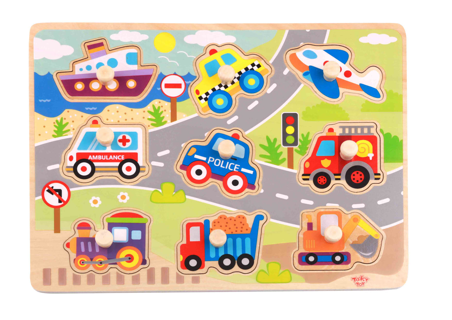 Puzzle din lemn cu vehicule, perfect pentru copiii mici. Piese groase, culori vii și design educativ 