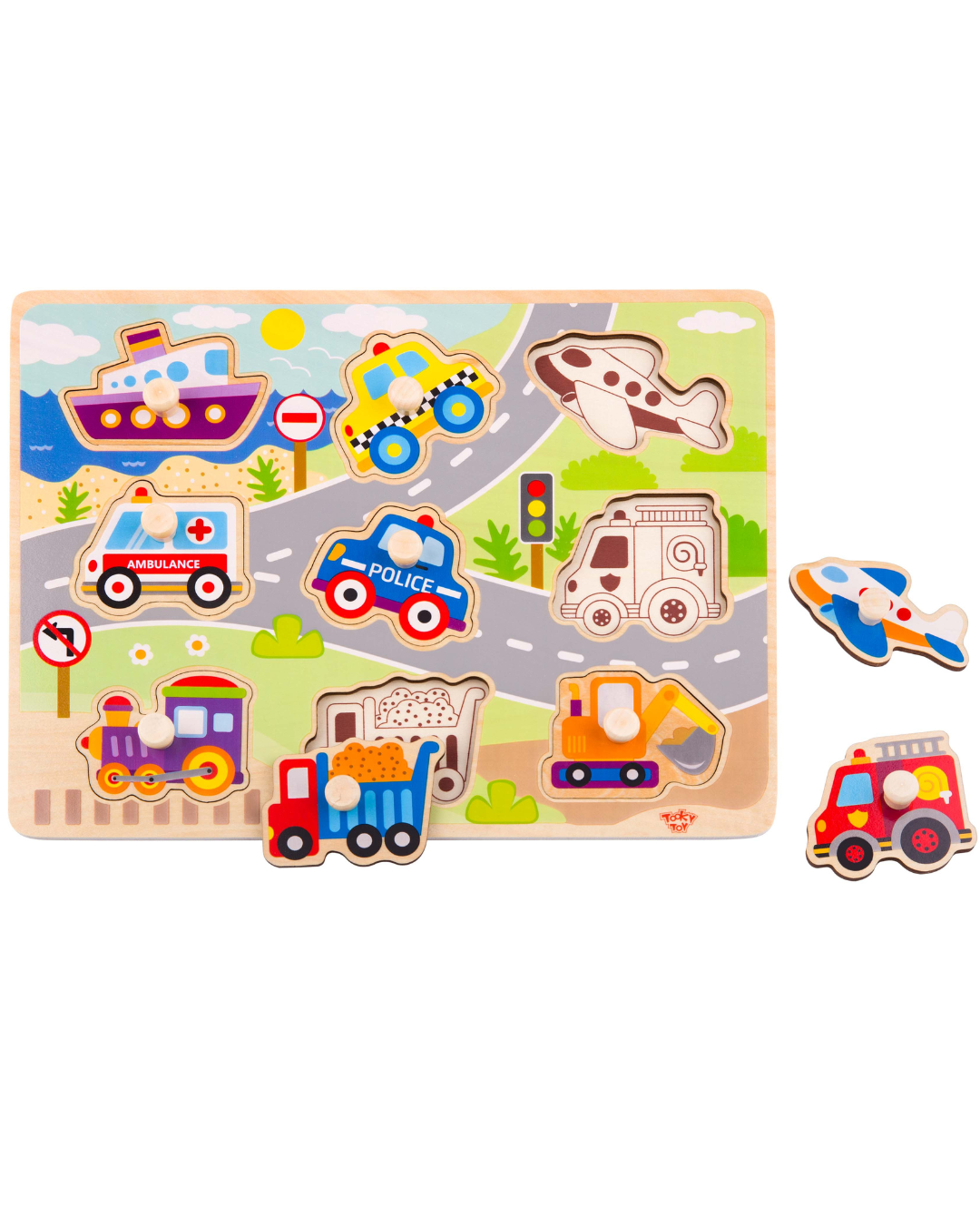 Puzzle din lemn cu vehicule, perfect pentru copiii mici. Piese groase, culori vii și design educativ 