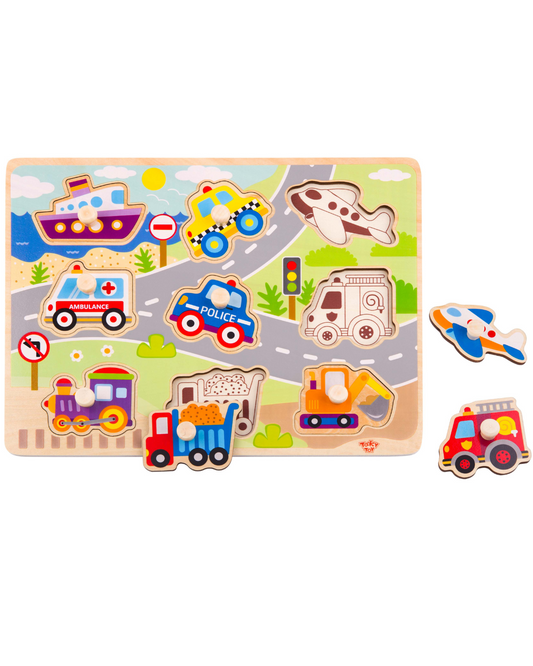 Puzzle din lemn cu vehicule, perfect pentru copiii mici. Piese groase, culori vii și design educativ 