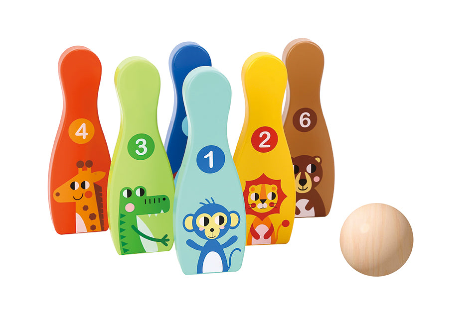Joc de bowling din lemn pentru copii, cu popice colorate și minge ușor de rostogolit