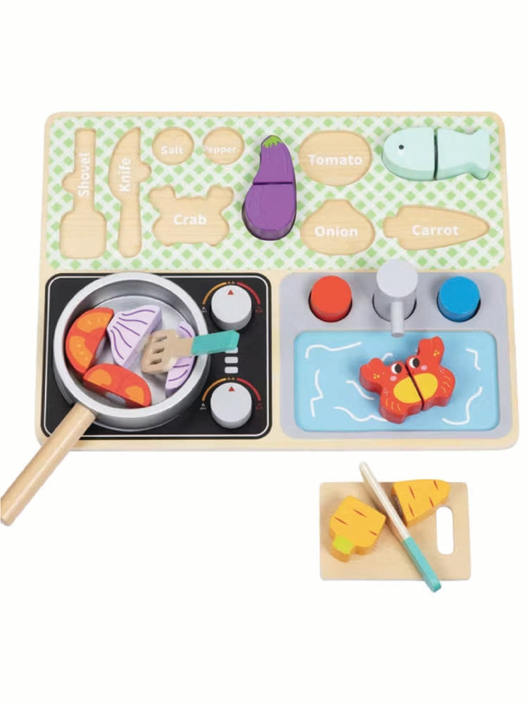Set de gătit din lemn pentru copii 3+ ani cu aragaz, chiuvetă, ingrediente și ustensile. 