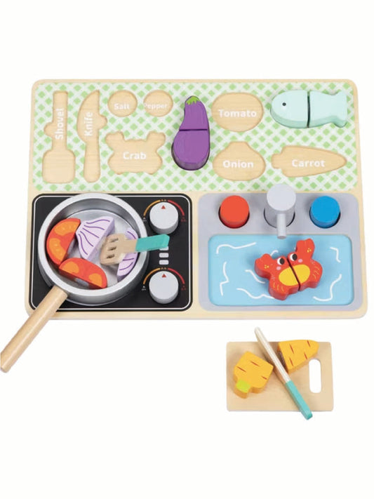 Set de gătit din lemn pentru copii 3+ ani cu aragaz, chiuvetă, ingrediente și ustensile. 