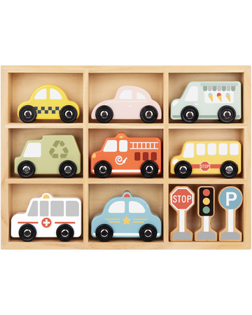 Set de mașinuțe din lemn cu 8 vehicule (înghețată, taxi, pompieri, poliție, ambulanță) și accesorii de trafic 