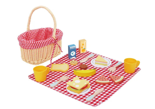 Set picnic din lemn cu coș, veselă și alimente pentru jocuri de rol creative și educative.