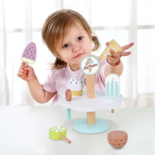 Stand cu înghețate colorate din lemn pentru joaca de-a cofetăria sau gelateria.