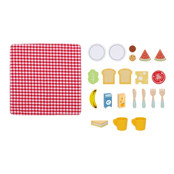 Set cu farfurii, căni și tacâmuri din lemn pentru servirea mesei în joaca de-a picnicul.