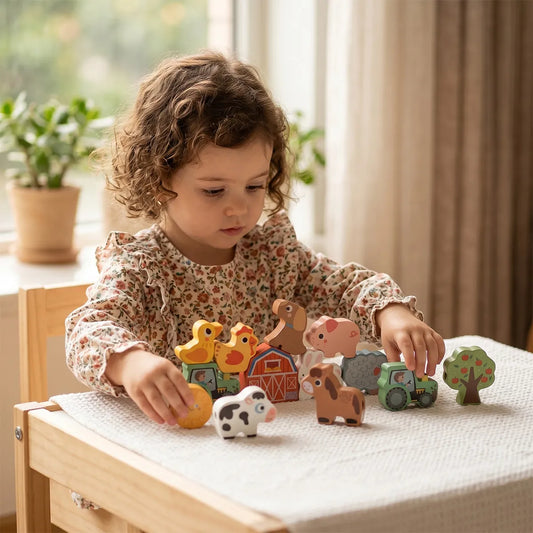 Figurine din lemn cu animale de fermă pentru activități de șnuruit Montessori