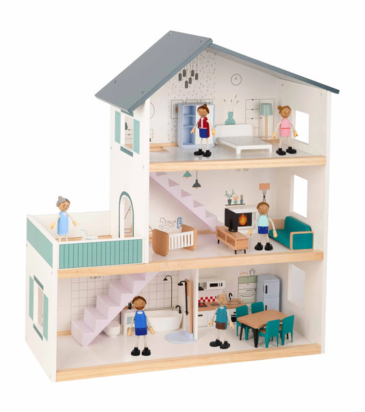 Căsuță de păpuși din lemn cu mobilier și figurine incluse
