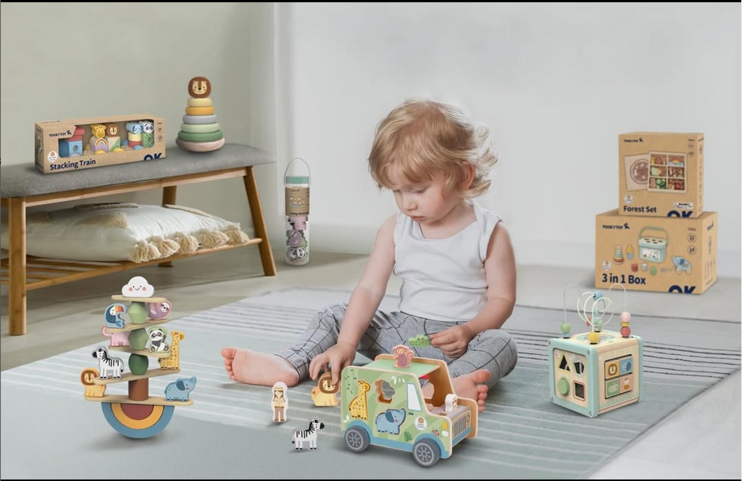 Copil jucându-se cu jucării educative din lemn BabyRio, sigure și certificate FSC