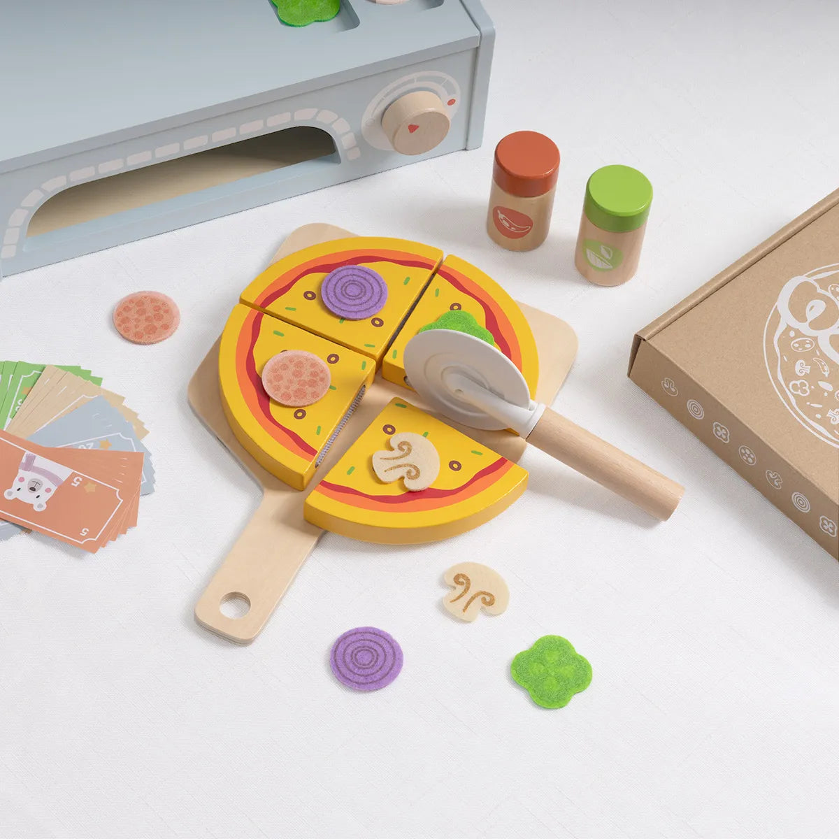 Jucărie educativă cu cuptor de pizza și accesorii pentru servire