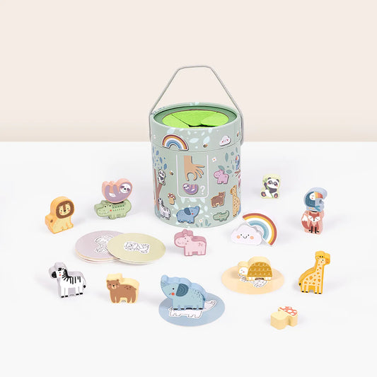 Cutia Misterioasă Montessori cu animale din lemn și carduri educative pentru copii 3 ani+