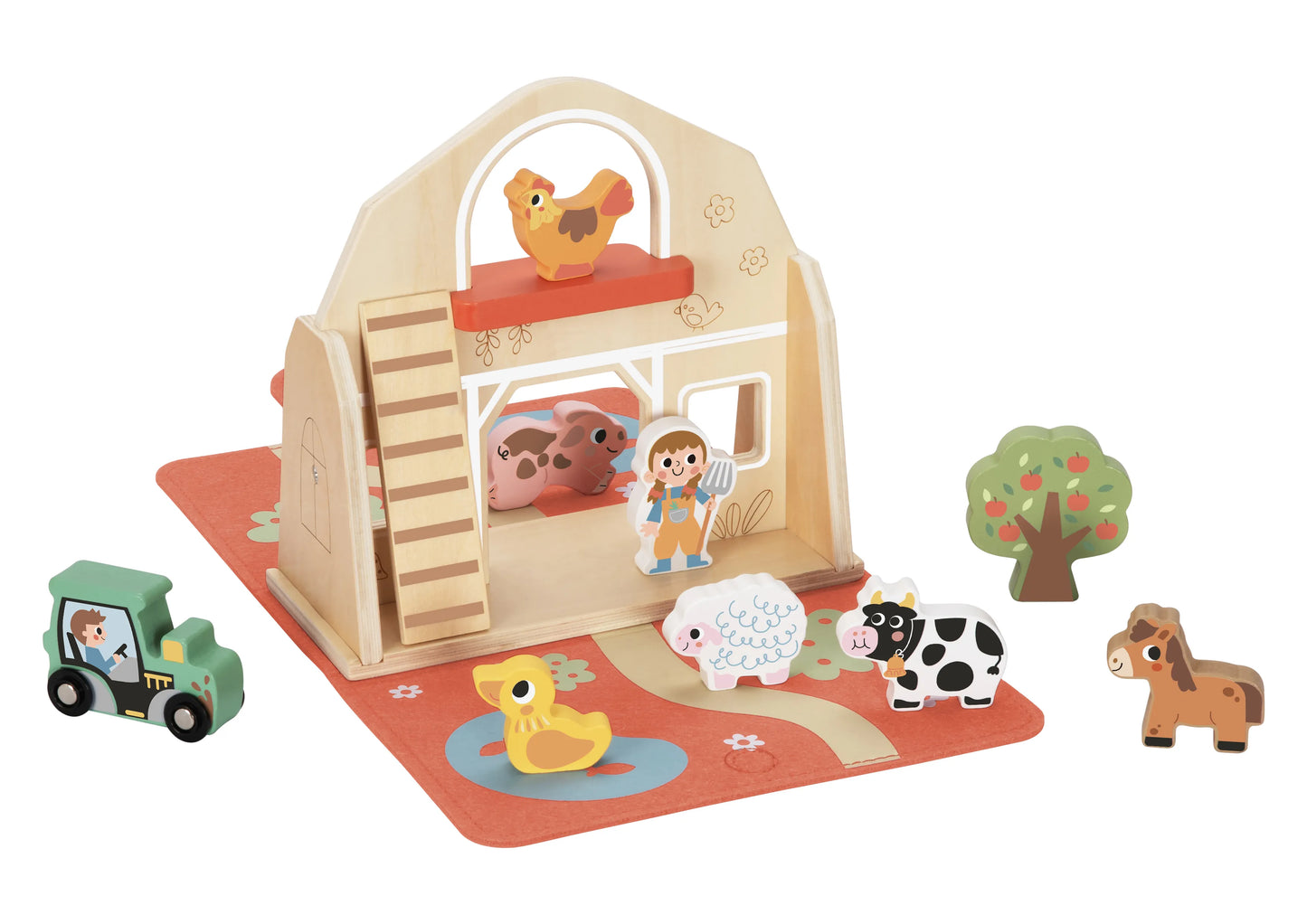 Jucărie Montessori cu animale de fermă și tractor din lemn