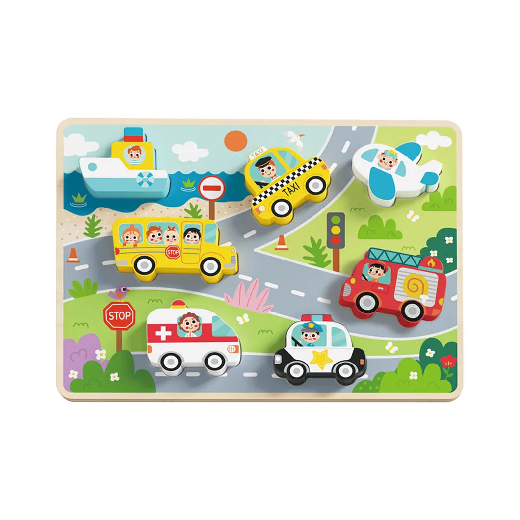 Piese groase din lemn cu vehicule pentru puzzle educativ Montessori