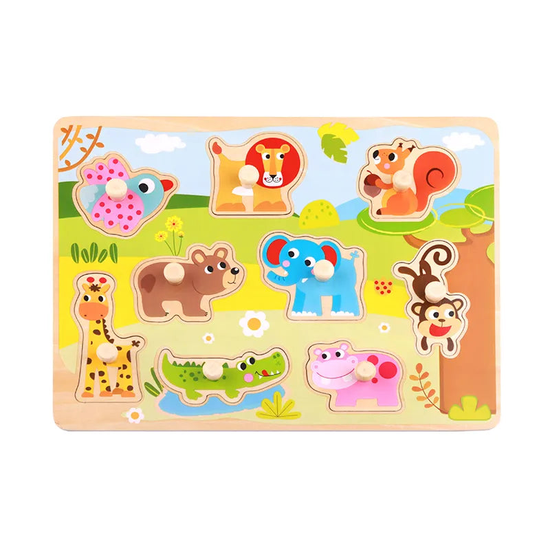 Puzzle din lemn Montessori cu animale sălbatice și 9 piese cu butoni pentru copii de peste 18 luni