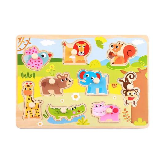 Puzzle din lemn Montessori cu animale sălbatice și 9 piese cu butoni pentru copii de peste 18 luni
