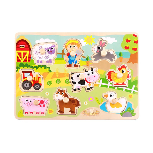 Puzzle Montessori din lemn cu animale de la fermă și 9 piese cu butoni pentru copii de peste 18 luni