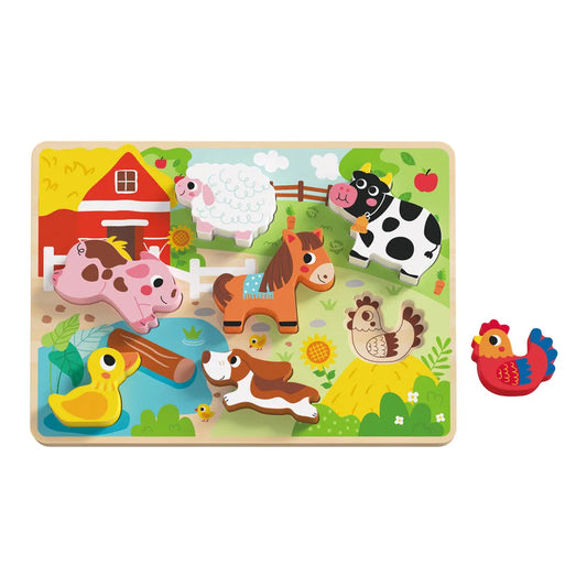 Puzzle din lemn cu animale de fermă și piese groase pentru copii