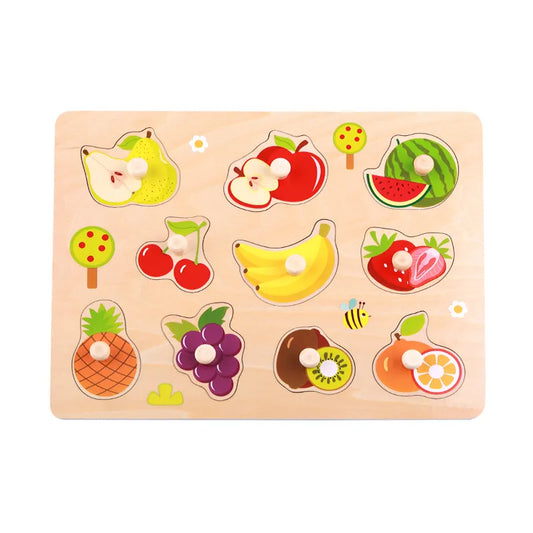 Puzzle Montessori din lemn cu fructe și 10 piese cu butoni pentru copii de peste 18 luni
