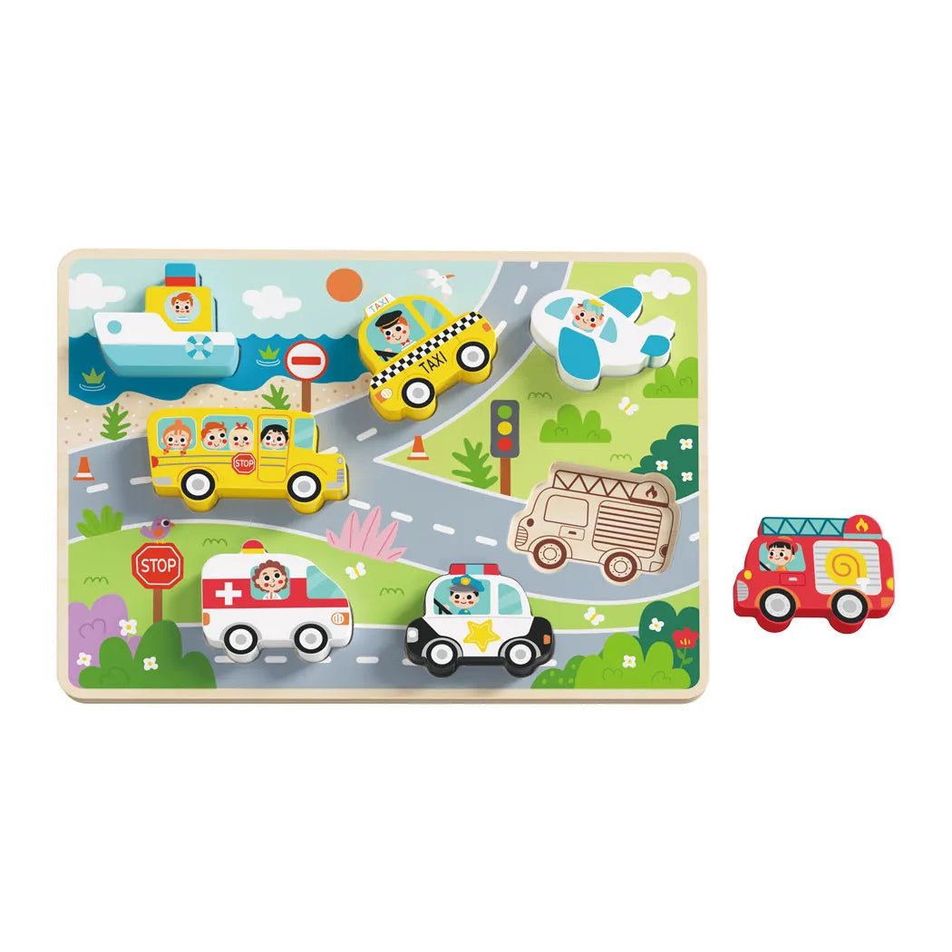 Puzzle din lemn cu vehicule și mijloace de transport pentru copii 12 luni cu 7 piese groase Montessori