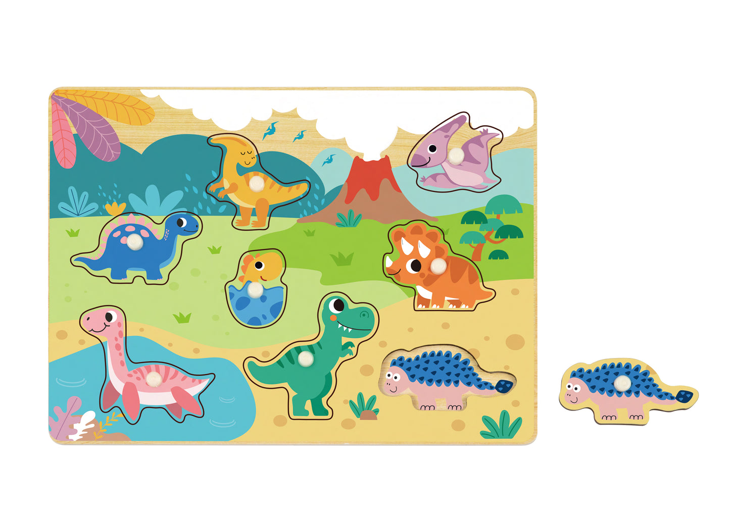 Puzzle încastru din lemn cu dinozauri pentru copii – jucărie educativă