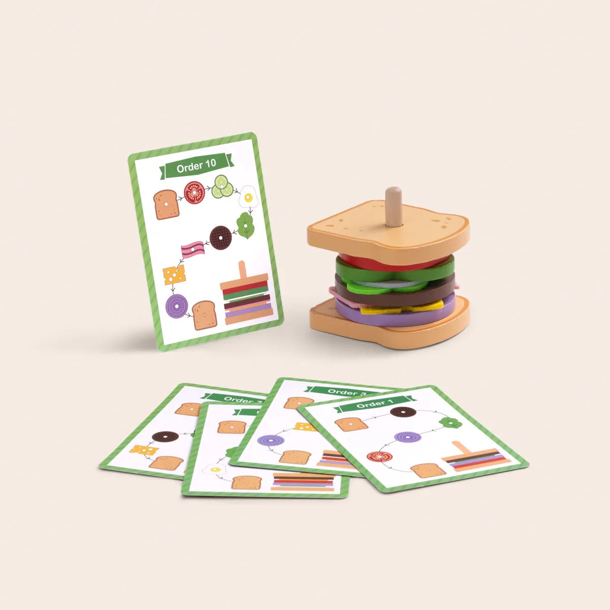 Joc Montessori cu ingrediente din lemn pentru realizarea sandvișurilor