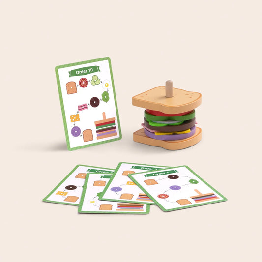 Joc Montessori cu ingrediente din lemn pentru realizarea sandvișurilor