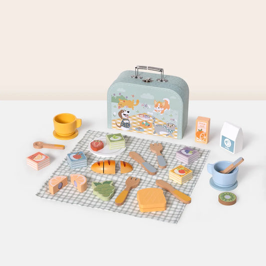 Set picnic din lemn pentru copii cu coș portabil
