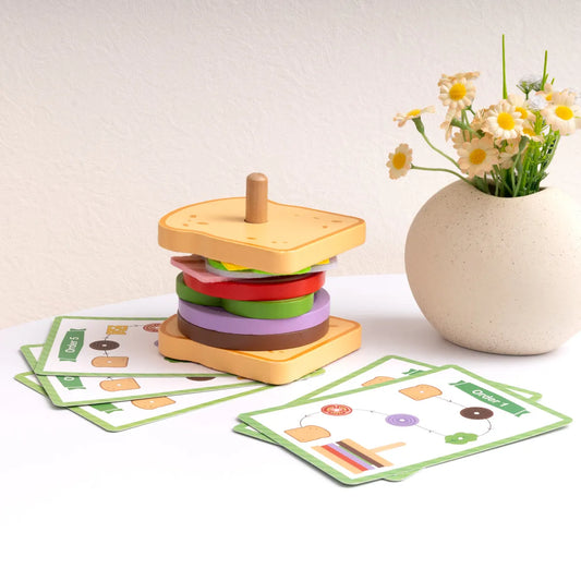Set sandviș din lemn pentru copii cu ingrediente și carduri Montessori