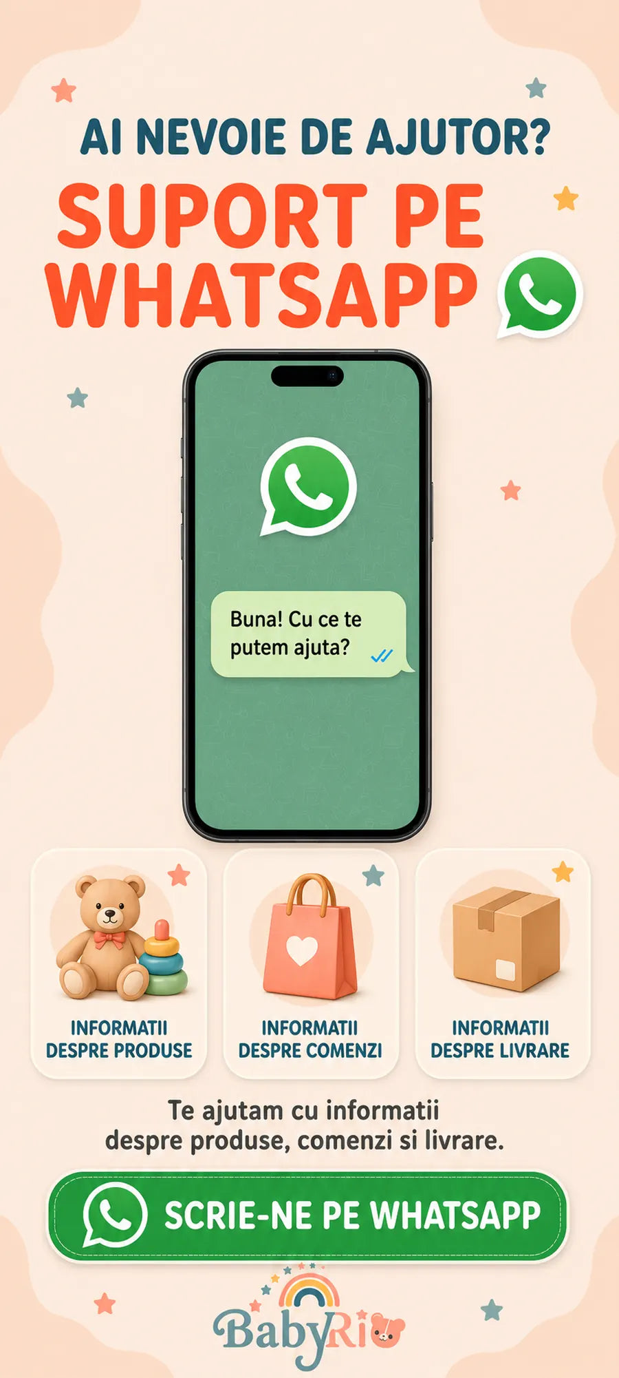 Ai nevoie de ajutor? Suport pe WhatsApp pentru produse, comenzi si livrare